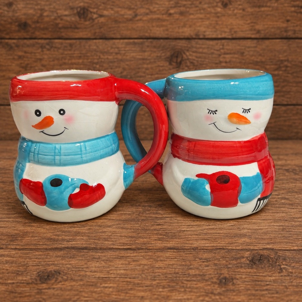 Bay Island Snowman Mugs Set of 2 Christmas Ceramic Cups 2024 Red Blue